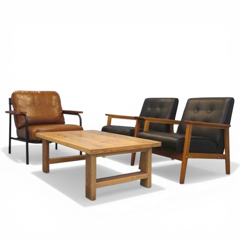 【中古】ソファ4点セット ブラック ブラウン ウッド 1人掛けソファ3脚＋ローテーブル レザー張り 中古オフィス家具 KK19726