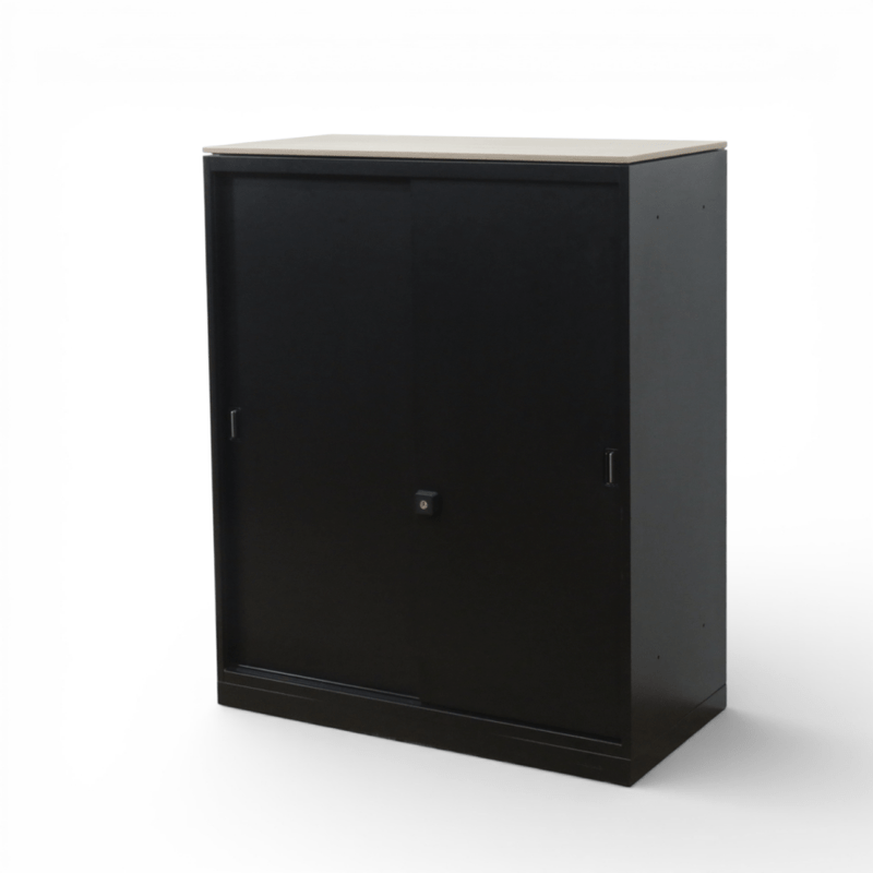 オカムラ 引き違い書庫 レクトライン 4B413Y ZH25 ブラック 引き戸 キャビネット 収納庫 書類棚 中古 AG YH19839 配送サイズ300