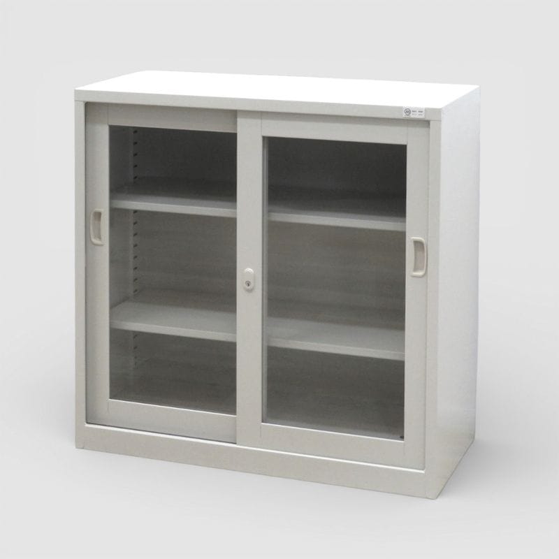 生興 引き違い書庫 G-33SG ニューグレー ガラス扉 W880 D400 H880 引戸 キャビネット オフィス家具 中古 KK19283 配送サイズ240 家財おまかせ便 