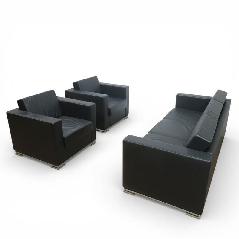 イトーキ 応接ソファ3点セット 応接家具L26セット 皮革 ブラック 3人用ソファ×1 1人用ソファ×2 役員用 商談 中古 AG19984 配送サイズ送料はお問い合わせください。