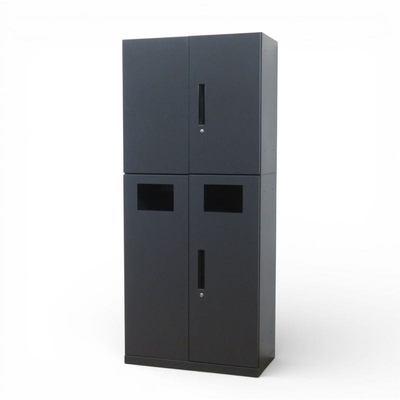 【展示品】弘益 上下書庫セット（両開き+ダストボックス）W800 D400 H1850 ブラック  WS-A75R / WS-A105TB キャビネット ゴミ箱 中古 AG20097 配送サイズ500