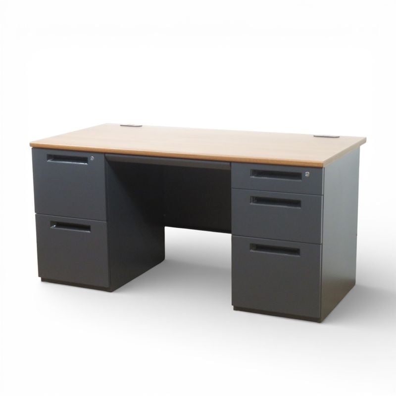 弘益 両袖デスク LDC-R147-LR23 ウッド/ブラック 事務机 オフィスデスク 両袖机 配線口 中古 AG20081 配送サイズ300