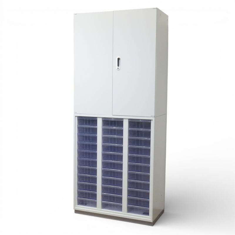 プラス 上下書庫セット （両開き+クリスタルトレー） LX-5 ホワイト キャビネット 書類棚 深型トレー 中古 AG20439 配送サイズ300×2