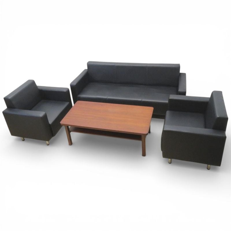 弘益 応接ソファ4点セット KVT-1260/NZ-3/NZ-1 ブラック レザー張り ソファ ローテーブル 中古オフィス家具 KK20070 セット販売