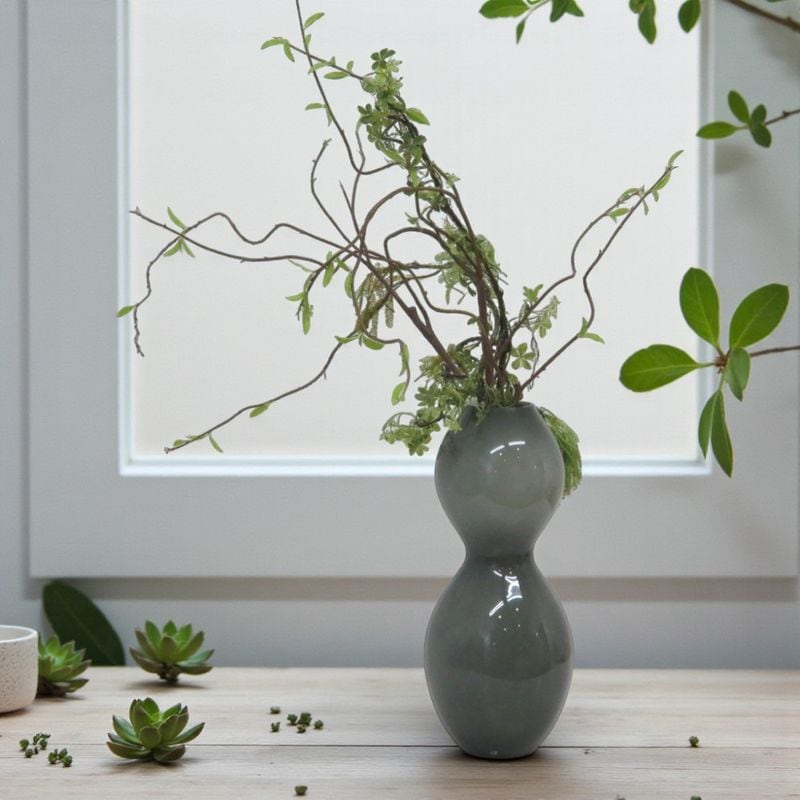 フラワーベース+フェイクグリーンセット チャコールグレー 花瓶 植栽 インテリア オフィスアクセサリー  中古 KK20508 配送サイズ240 家財おまかせ便