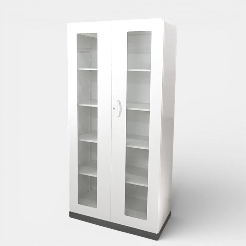 生興 ガラス両開き書庫 KW45シリーズ W900 D450 H1860 ハイキャビネット ホワイト ガラス扉 ベース付き 収納庫 オフィス家具 中古 YH20593 配送サイズ350 家財おまかせ便