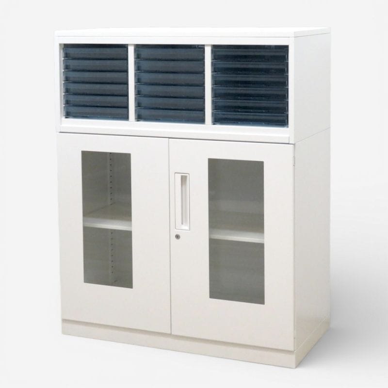 コクヨ 上下書庫 エディア クリスタルトレー ガラス両開き BWUH-SGD39SAW ホワイト 鍵作成可 キャビネット オフィス家具 中古 KK20628 配送サイズ300 家財おまかせ便