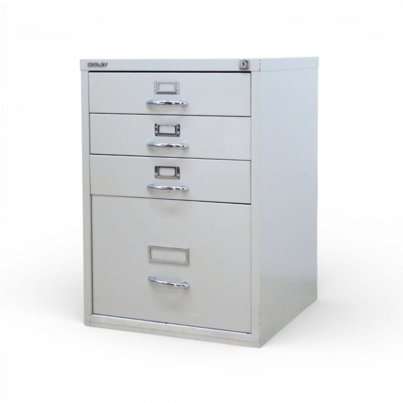 ・【中古】BISLEY キャスター付き ベーシック ライトグレー 4段キャビネット 鍵無し W470 D470 H690 A4 引き出し 中古オフィス家具 KK20652 EG20652