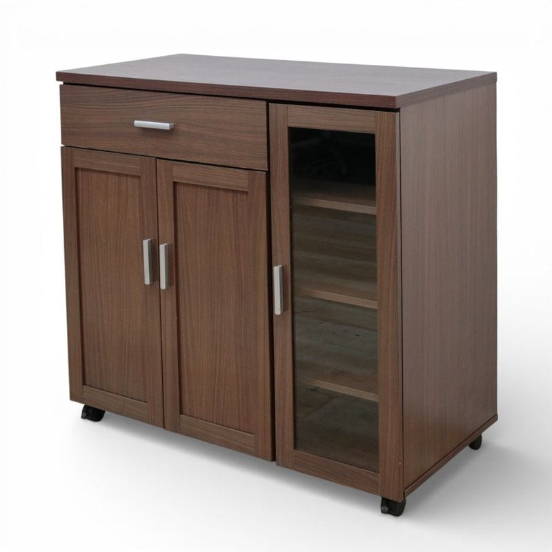 【中古】 LOWYA サイドキャビネット ニューシエスタⅡ ウッド キッチンワゴン サイドボード 両開き扉 ガラス扉 キャスター 中古オフィス家具 KK20803