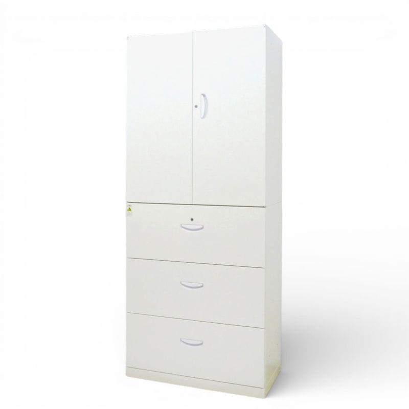 【中古】生興 上下書庫セット クウォール RW45-10H/RW45-310D ホワイト 両開き 3段ラテラル 鍵有り 中古オフィス家具 KK20908