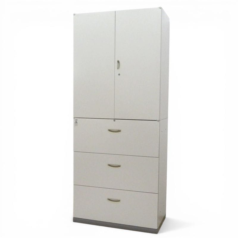 【中古】ナイキ 上下書庫セット NWシリーズ (両開き/3段ラテラル)NW-0911K/NW-0911S-3-Aw ニューグレー 鍵有り W900 D450 H2150 ハイキャビネット KK21103 中古オフィス家具