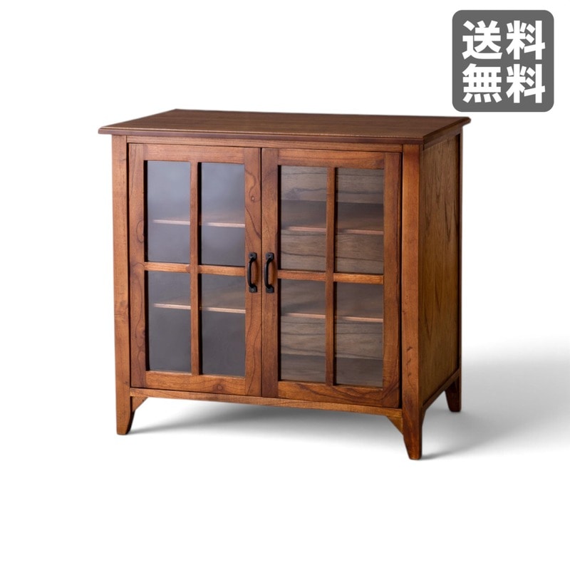 新品】キッチンキャビネット 3段棚 ガラス扉 天然木 ブラウン BR002