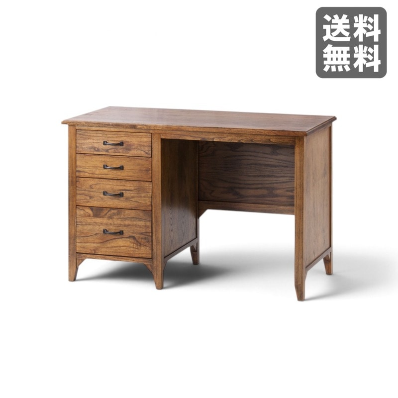 昭和レトロ 机 新品】デスク 112cm幅 アンティーク調 引き出し付 ブラウン 天然木