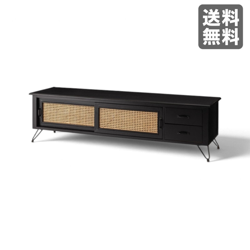 【新品】TVボード ブラック 天然木 150cm幅 テレビ台 収納棚 ラタン　BR002-001604　｜オフィス家具のビックリユース