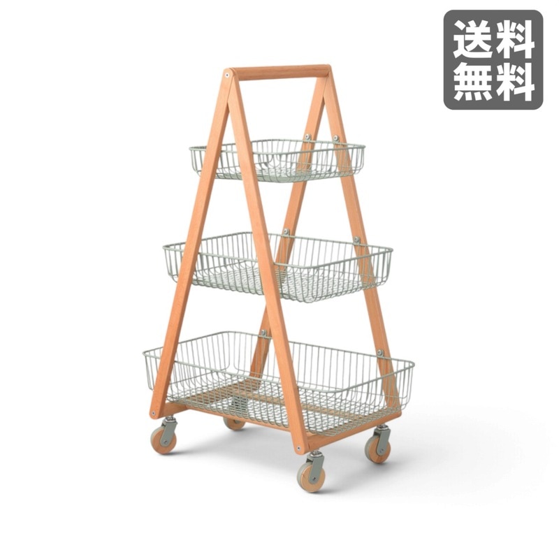 【新品】バスケットワゴン 55cm幅 グリーン 天然木 キッチンワゴン 観葉植物 ナチュラル　BR002-001735　｜オフィス家具のビックリユース