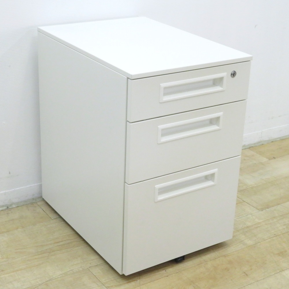 中古】井上金庫 3段ワゴン GSW-3N ホワイト 引き出し A4対応 鍵無し