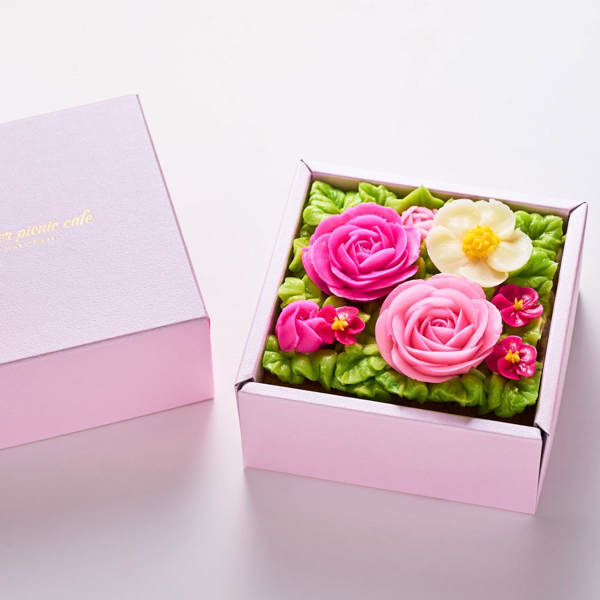 食べられるお花のボックスフラワーケーキmini（ピーチピンク）　北海道函館市のスイーツブランドFlowerPicnicCafe
