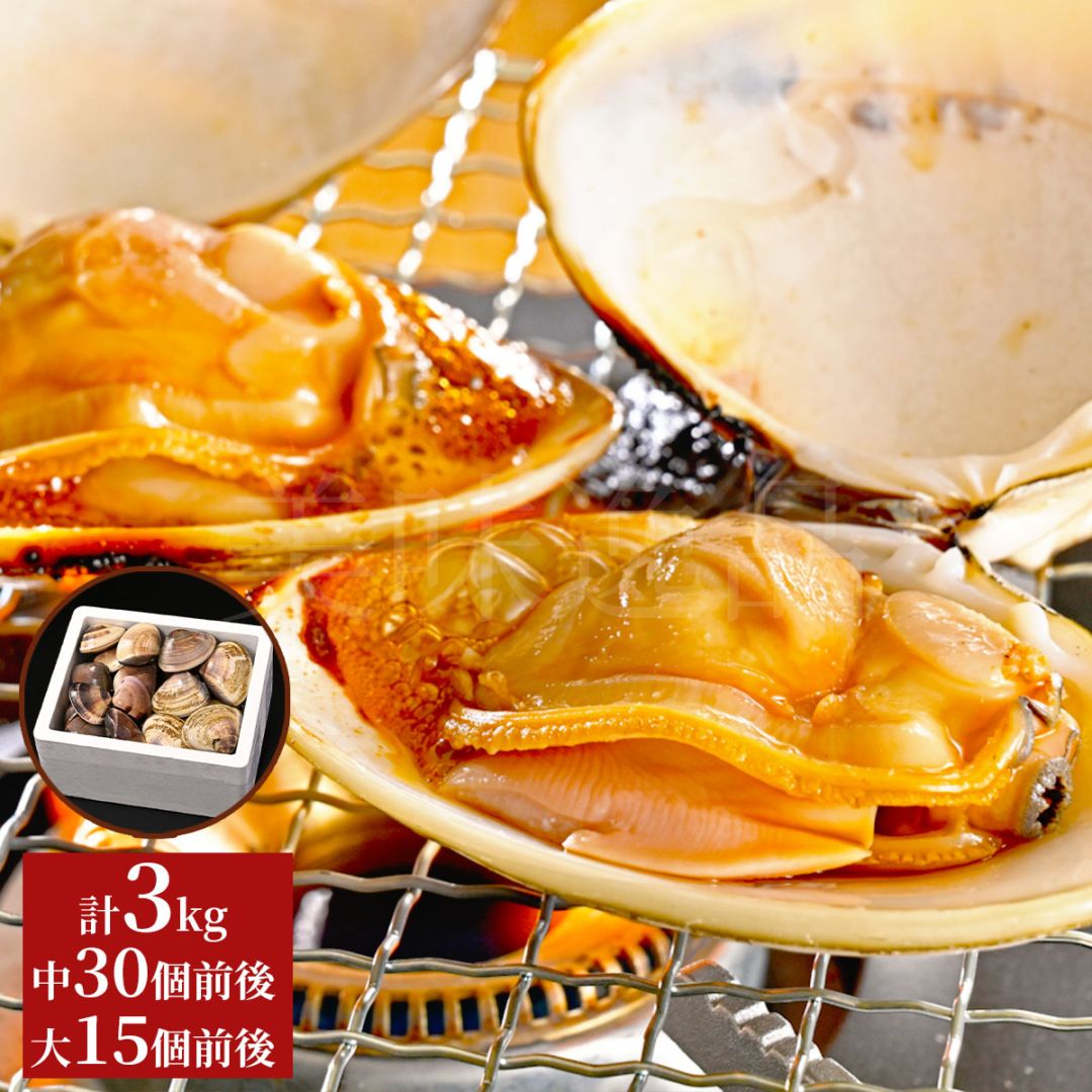 九十九里浜産　天然はまぐり　3kgセット（中サイズ30個前後・大サイズ15個前後）漁師直送　砂抜き済み