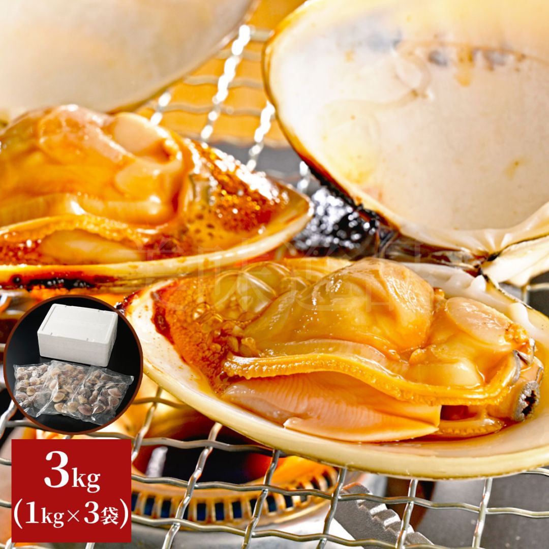 九十九里浜産　冷凍天然はまぐり　お任せサイズ3kgセット（1kg×3袋）漁師直送　砂抜き済み