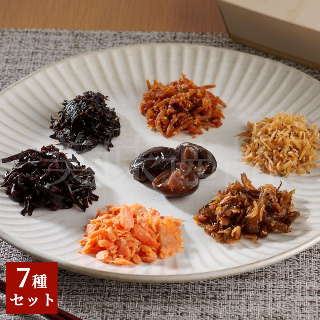 京料亭・わらびの里が贈る　京楽味7種ギフトセット（ちりめん山椒、焼き紅鮭、木耳山椒、海老わかめ、ちりめんくぎ煮、梅ひじき、深山椎茸）