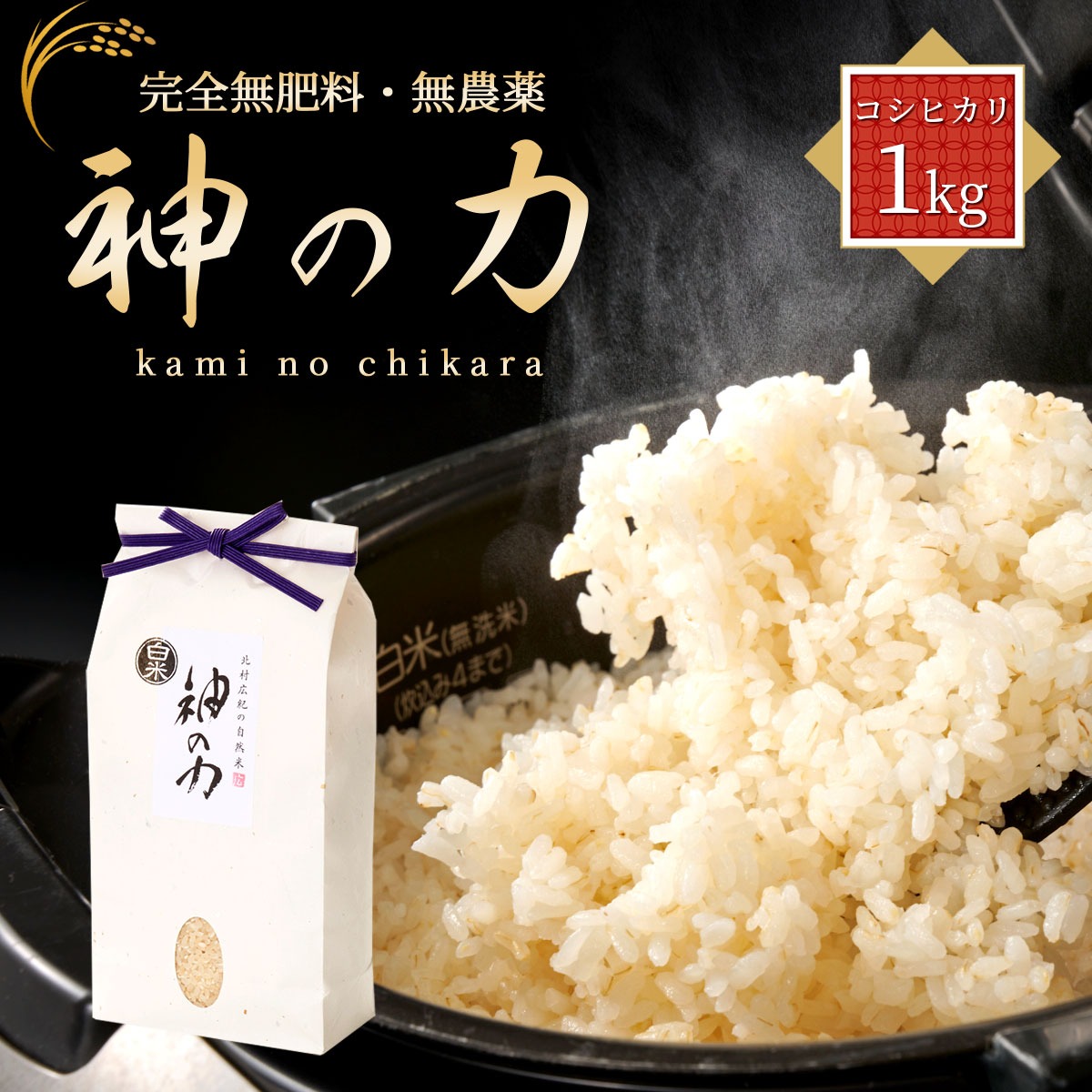 ［白米・玄米選択可］自然米コシヒカリ「神の力」1kg　無肥料・無農薬