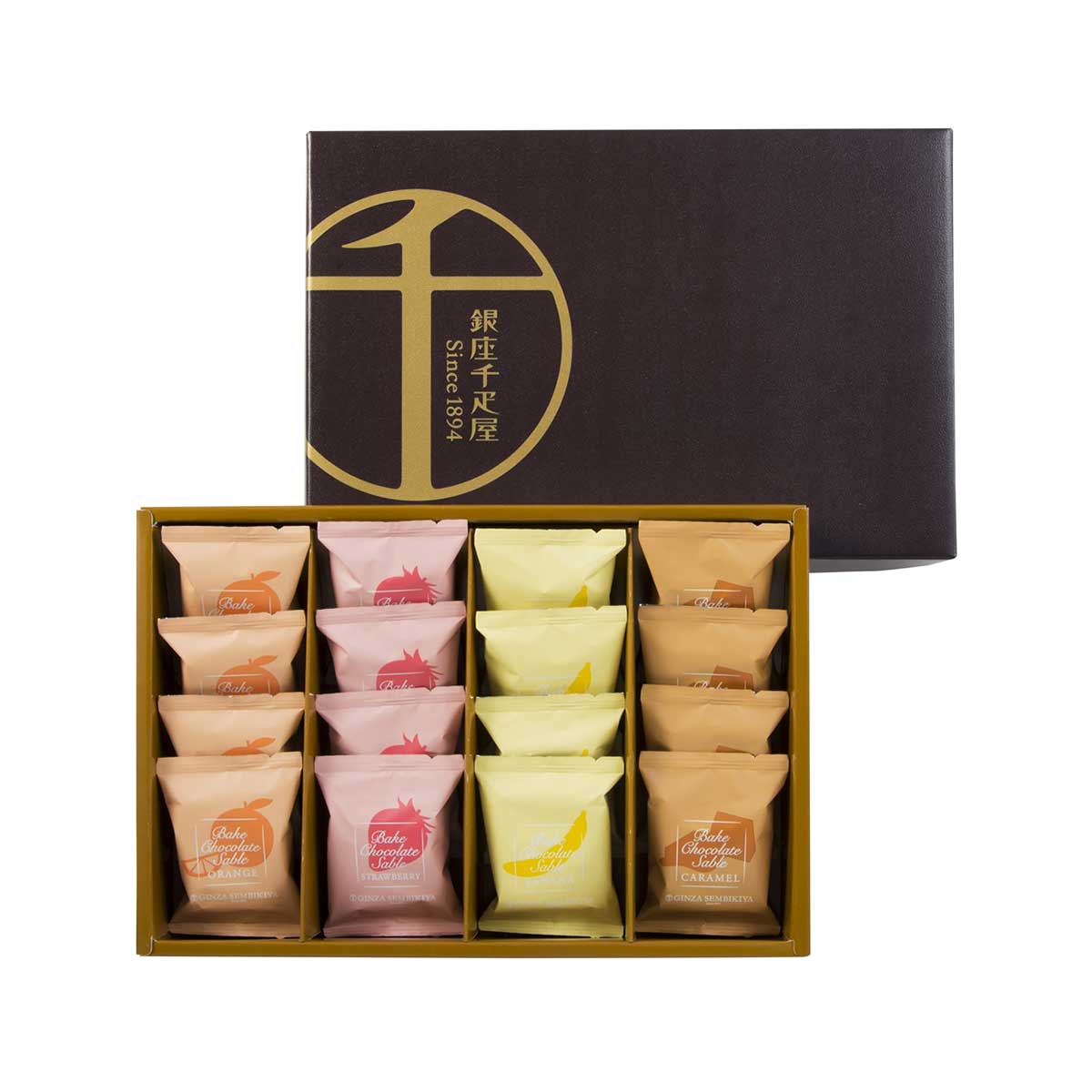 銀座千疋屋　銀座焼きショコラサブレ4種16個入り（ストロベリー・オレンジ・バナナ・キャラメル）