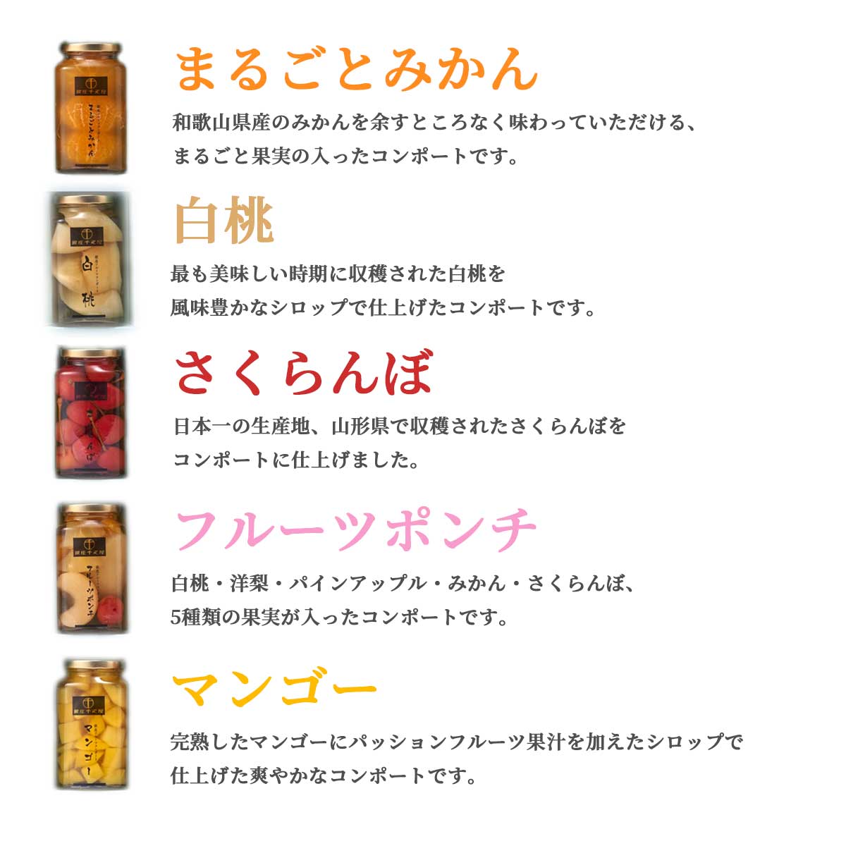 銀座千疋屋　銀座フルーツコンポート5個入り（まるごとみかん・白桃・さくらんぼ・フルーツポンチ・マンゴー）