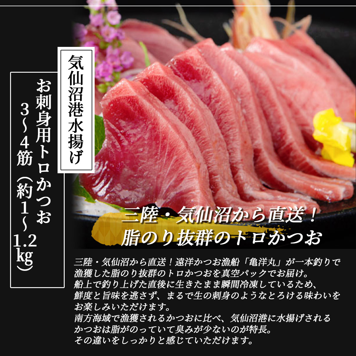気仙沼港水揚げ お刺身用トロかつお 3～4筋（約1～1.2kg）冷凍 かつお漁船・亀洋丸が一本釣り