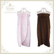 ベロア ガウン 両開き 胸元ギャザー スナップボタン留め 2色 ピンク/ブラウン
