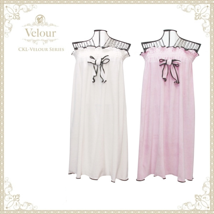 ベロア メローガウン リボン付 肩ひもなし 長さ82cm バスローブ 2色 アイボリー/ピンク