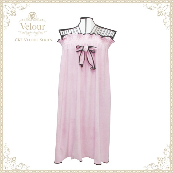 ベロア メローガウン リボン付 肩ひもなし 長さ82cm バスローブ 2色 アイボリー/ピンク