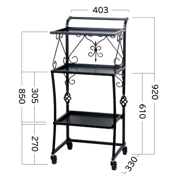 N.B.A.A.(エヌビーエーエー) サロン アイアンワゴン ブラック 3段 高さ92×幅40×奥行28cm