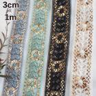 3cm幅 単色 インドリボン 花柄リボン ゴールド刺繍 チュールリボン ボタニカル 花柄モチーフインドリボン 営業日即日発送 |刺繍・チロリアンテープ|テープリボン