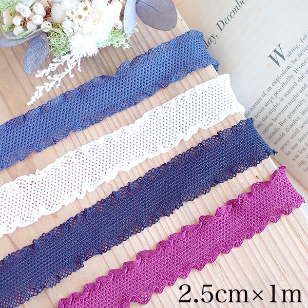 2.5cm幅 ゴム入りフリルメッシュリボンレース ストレッチリボン チュールリボンケミカルテープ お人形ドレス ドールドレス 営業日即日発送 