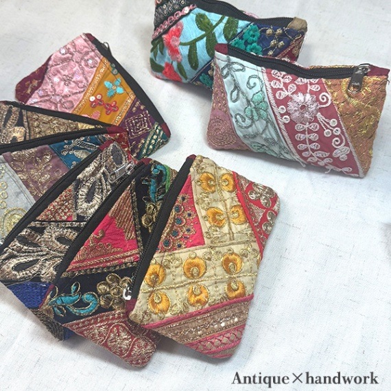 アンティークザリーポーチ インド刺繍リボンポーチ １点ものパッチワークポーチ 古銭入れ カードケースキーケース  営業日即日発送