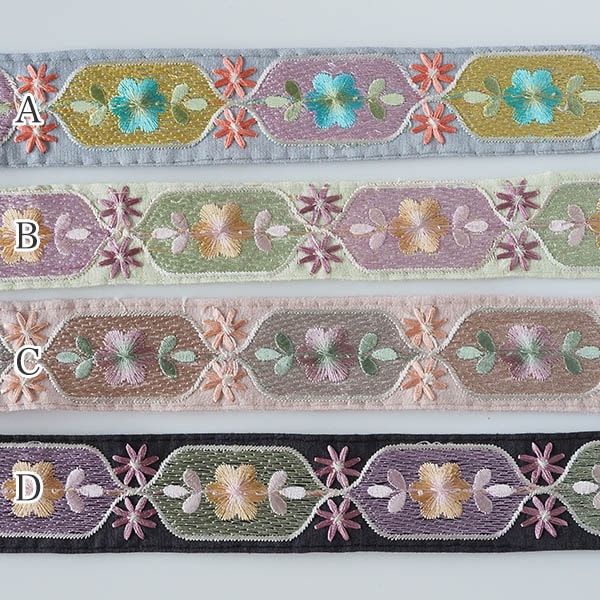 3.5cm幅 インド花柄刺繍なめらかシルク風リボン フラワー刺繍ブレード 輸入リボン ハンドメイドショルダーストラップ資材 営業日即日発送 