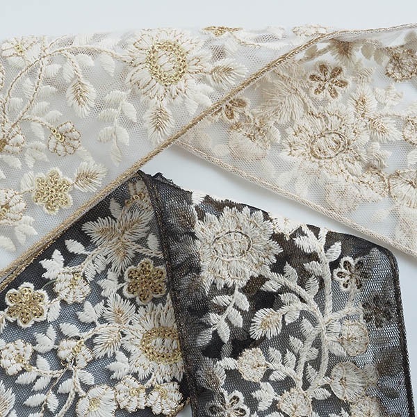 9cm幅 幅広ゴールド刺繍太幅インドチュール刺繍リボン 花柄刺繍 ハンドメイドがまぐち財布 カードケース コインケース作り 特大幅ケミカルレース 営業日即日発送