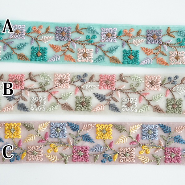 4.3cmから4.5cm幅 クロススティッチ風刺繍リボン 中幅手芸用リボン カラフルカラー レトロフラワーインド花柄リボン チュール刺繍リボン 営業日即日発送[ワールデザインbistarai]