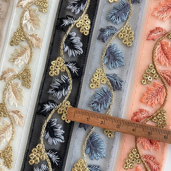 3cm幅 インド刺繍リボンリーフモチーフボタニカル小花柄 チュールリボン ラメ手芸用リボンブレード販売 営業日即日発送 [ワールデザインbistarai]