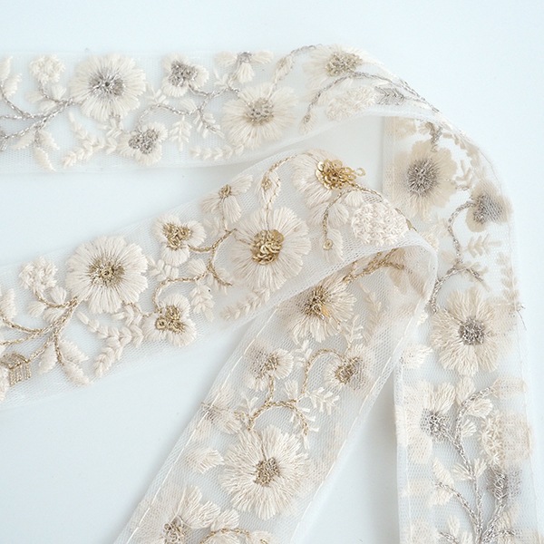 3.8cmから4cm幅 ホワイトチュールラメシルバー刺繍リボン 中幅手芸用リボン ゴールドスパンコール刺繍レトロフラワーインド花柄リボン チュール刺繍リボン 営業日即日発送[ワールデザインbistarai]