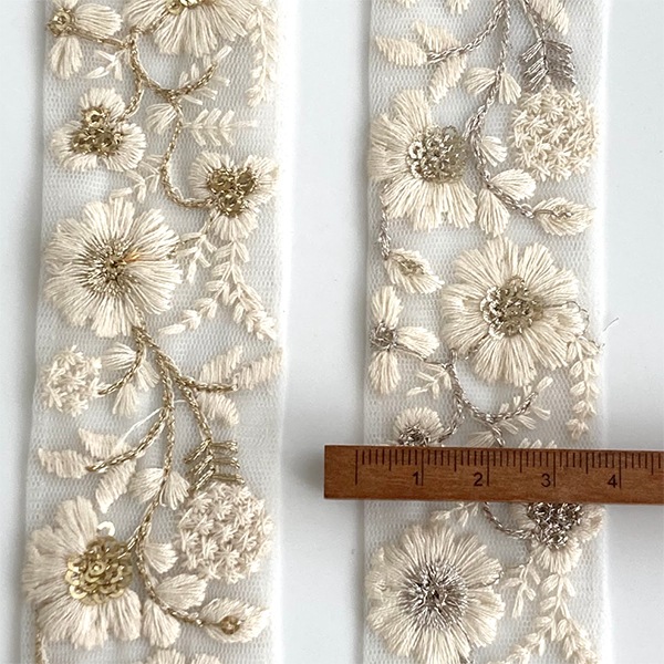 3.8cmから4cm幅 ホワイトチュールラメシルバー刺繍リボン 中幅手芸用リボン ゴールドスパンコール刺繍レトロフラワーインド花柄リボン チュール刺繍リボン 営業日即日発送[ワールデザインbistarai]