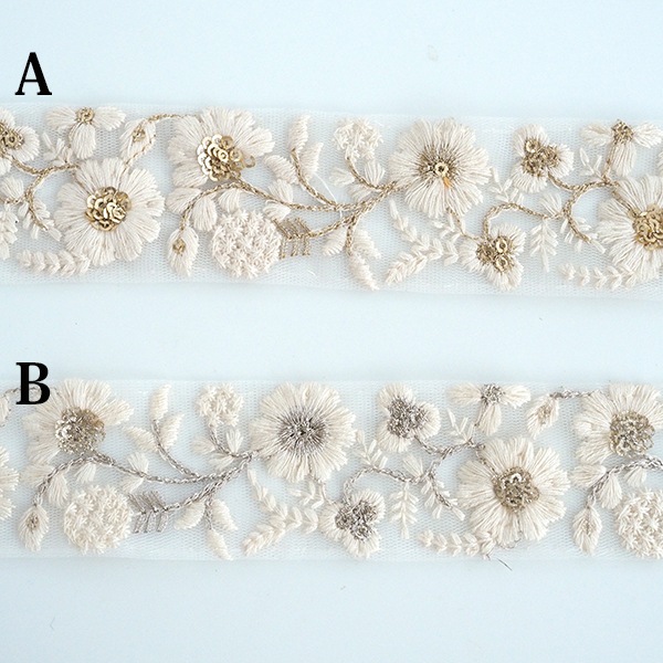 3.8cmから4cm幅 ホワイトチュールラメシルバー刺繍リボン 中幅手芸用リボン ゴールドスパンコール刺繍レトロフラワーインド花柄リボン チュール刺繍リボン 営業日即日発送[ワールデザインbistarai]