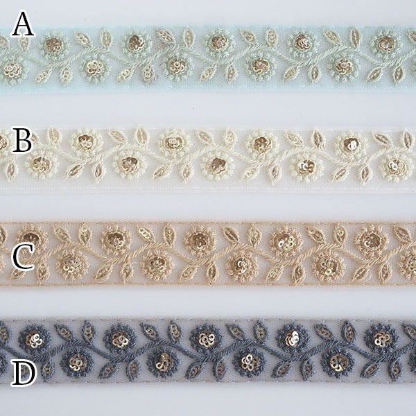 3cm幅 インド刺繍リボン オーガンジーリボン リーフモチーフボタニカル柄チュールリボン スパンコール刺繍リボンブレード 営業日即日発送 