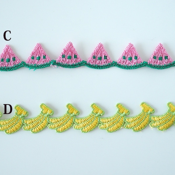 約2cm幅 かわいい果物モチーフリボン りんご バナナ パイナップル  すいかワッペン パッチ フルーツ柄レース フルーツモチーフテープ 入園入学布小物 巾着 上履き入れ お弁当袋 帽子デコレーション ピアスイヤリング作り 営業日即日発送【ワールデザインbistarai】