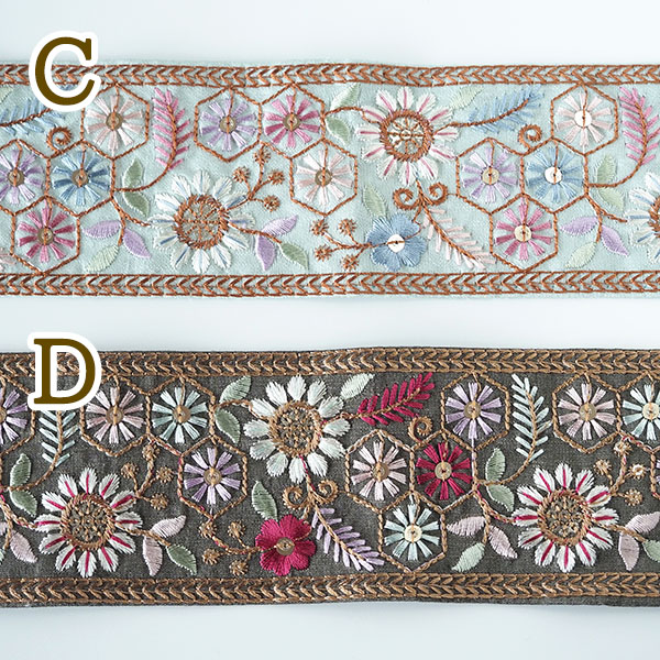 6cm幅 太幅インド刺繍リボン 花柄幾何学模様 幅広リボンブレード 和装ヘアアレンジ小物資材パーツ販売 営業日即日発送 [ワールデザインbistarai]
