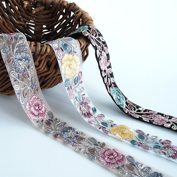 3cm幅 バラ柄インドチュール刺繍リボンショルダーストラップ作り 簡単ぬい服ドレスハンドメイド用リボン 推しぬい材料  和柄和装髪飾り作り インドリボン販売  営業日即日発送 