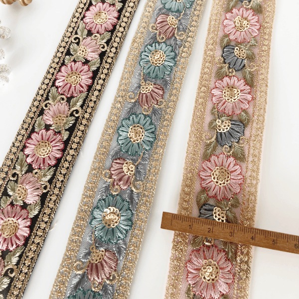 4cm幅 スパンコールくすみカラーインド刺繍リボン フラワー花柄モチーフチュールレースブレード 営業日即日発送[ワールデザインbistarai]