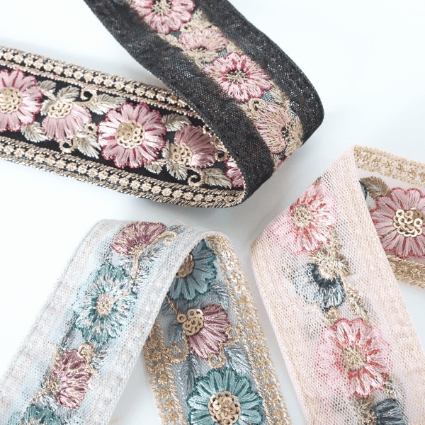 4cm幅 スパンコールくすみカラーインド刺繍リボン フラワー花柄モチーフチュールレースブレード 営業日即日発送[ワールデザインbistarai]