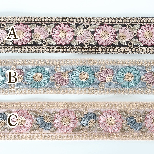 4cm幅 スパンコールくすみカラーインド刺繍リボン フラワー花柄モチーフチュールレースブレード 営業日即日発送[ワールデザインbistarai]