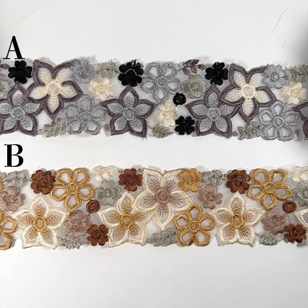 5cm幅 お花刺繍インドリボン カットワーク風リボン 刺繍レース 花柄 ケミカルレース ニュアンスカラー  バッグストラップ ハンドメイド ブライダル  営業日即日発送【ワールデザインbistarai】